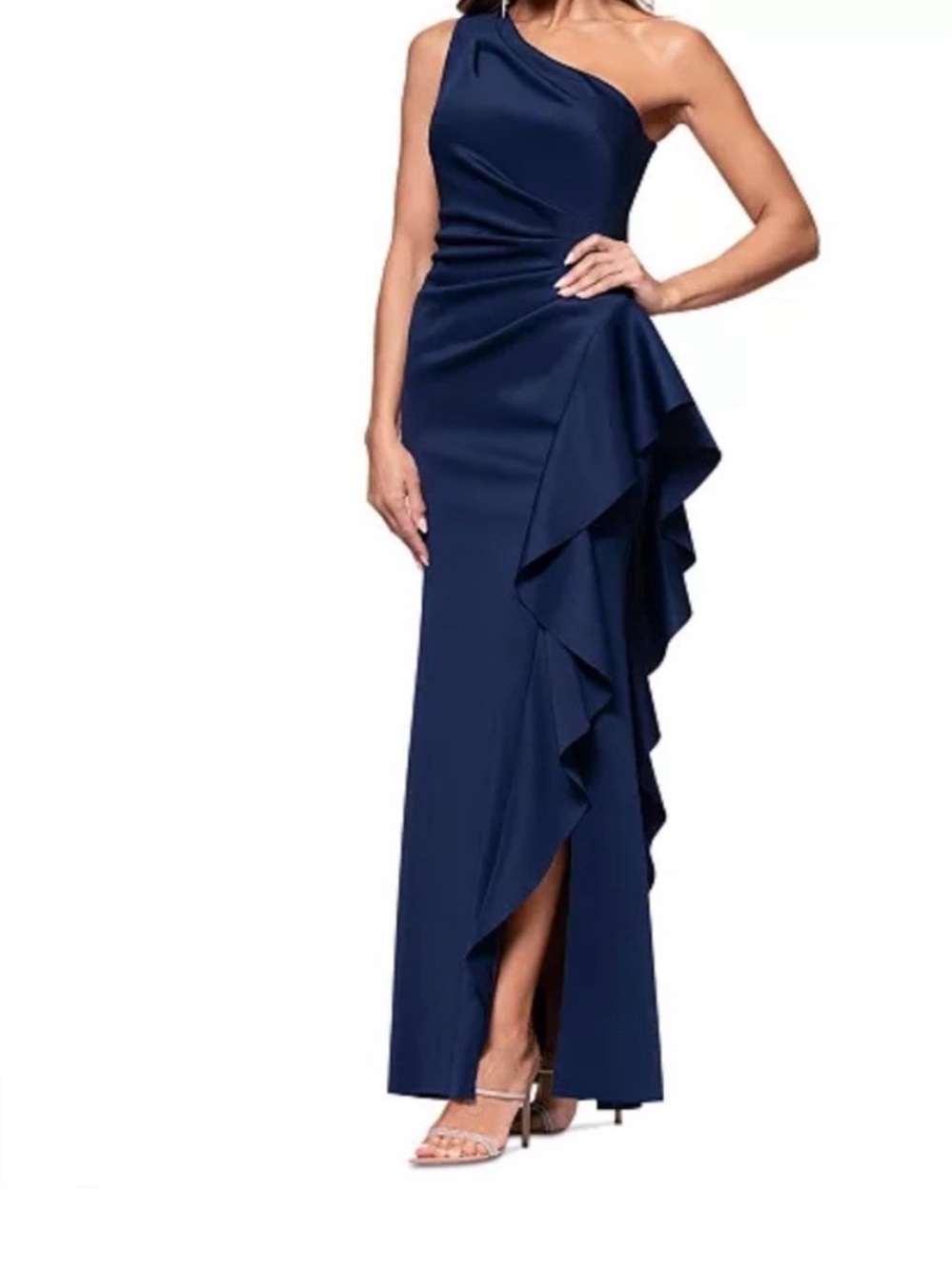 Xscape One-Shoulder Navy Ruffle Gown